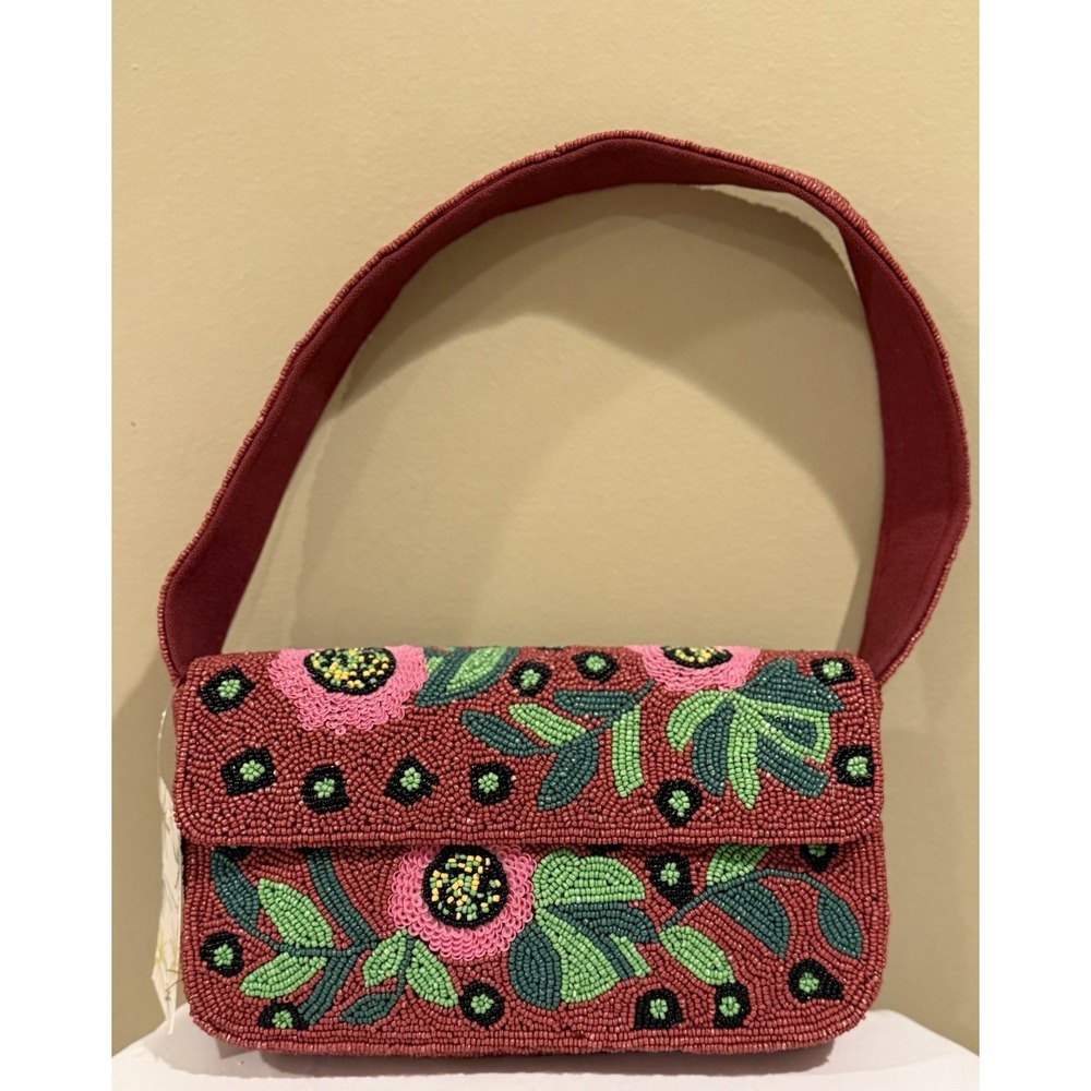 America & Beyond Express Red beaded floral shoulder bag with‎ green and yellow